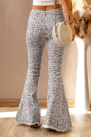 Brown Leopard Print Raw Hem Hi-Rise Flare Jeans