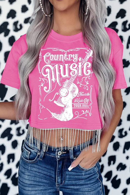 Pink White Country Music Rhinestone Fringe Short Sleeve Tee