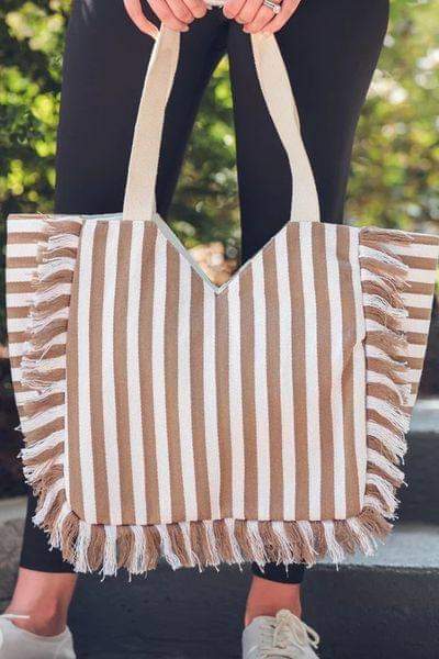 Beige Ivory Canvas Striped Tote