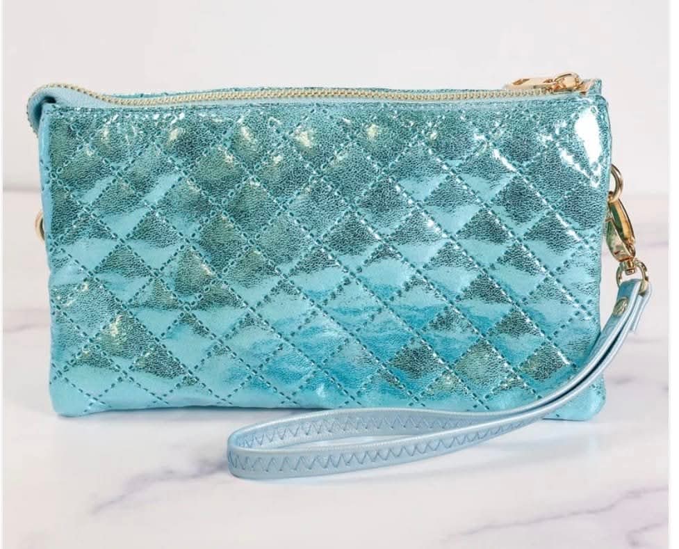 Caroline Hill Metallic Aqua Quilted Crossbody Wristlet