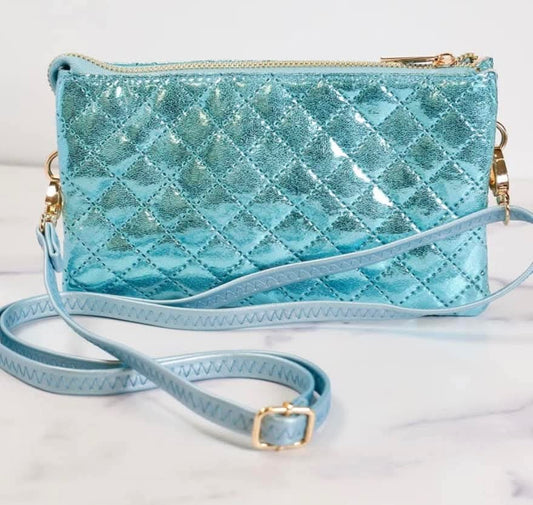 Caroline Hill Metallic Aqua Quilted Crossbody Wristlet