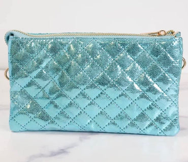 Caroline Hill Metallic Aqua Quilted Crossbody Wristlet