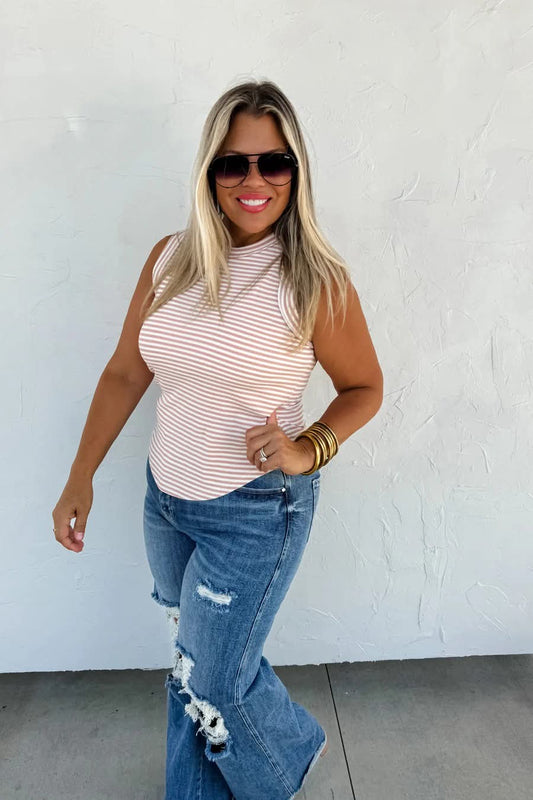 Tan & White Stripe Ribbed High Neck Tank Raw Hem