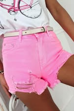 Pink Denim Distressed Raw Hem Shorts