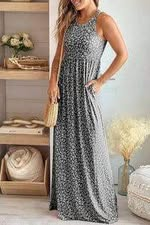 Dark Gray & White Leopard Sleeveless Long Maxi Dress