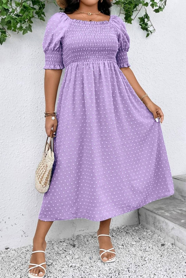 Plus Purple Swiss Dotted Smocked Neckline Dress