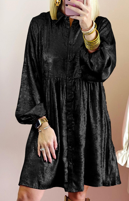 Black Metallic Button Down Dress