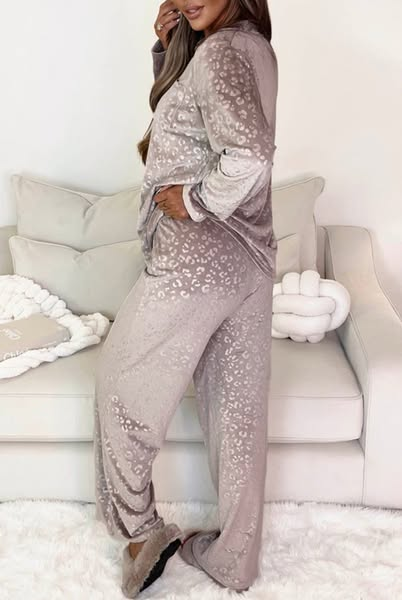 2 pc Brown Luxurious Velvety Leopard Pajama Set