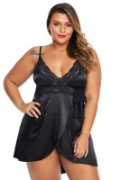 Plus Black Lace Plunge Neck Baby Doll Set