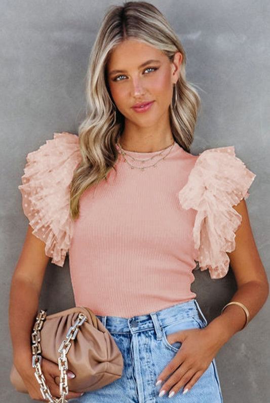 Pink Mesh Frill Sleeve Top