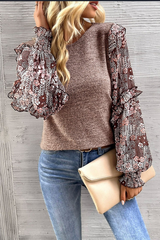 Chestnut Brown Floral Peasant Blouse
