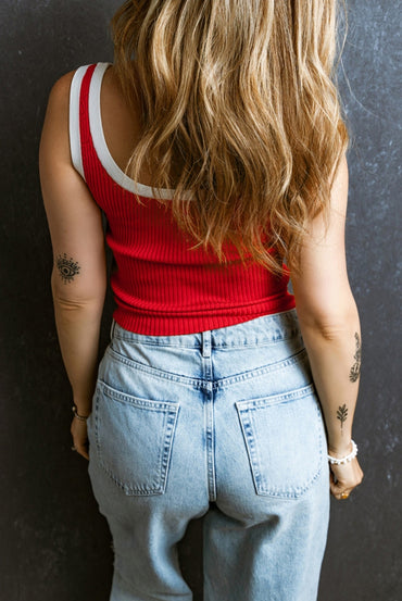 Red White Trimmed Ribbed U-neck Tank