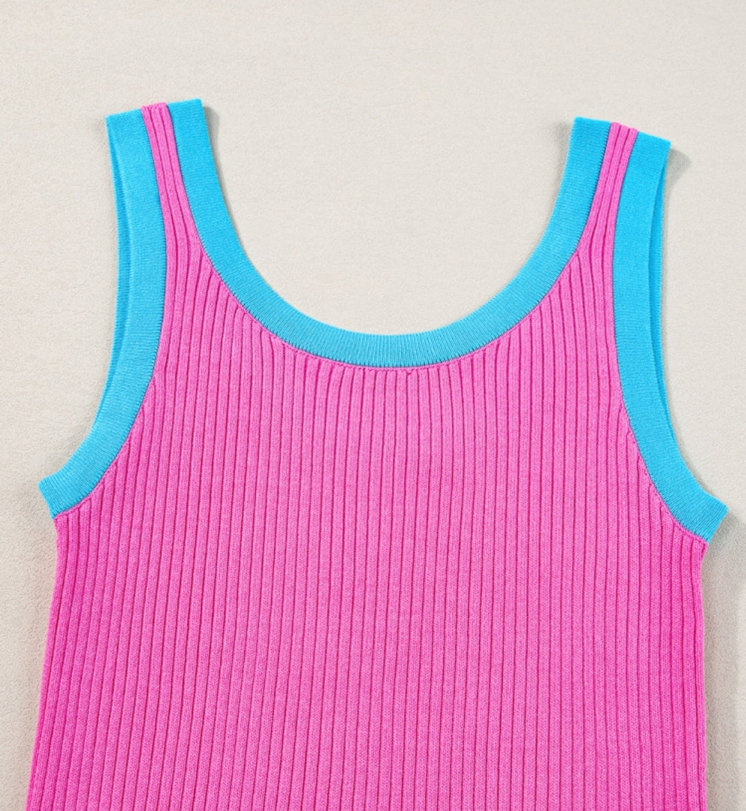 Pink with Blue Trimmed Ribbed U-neck Tank