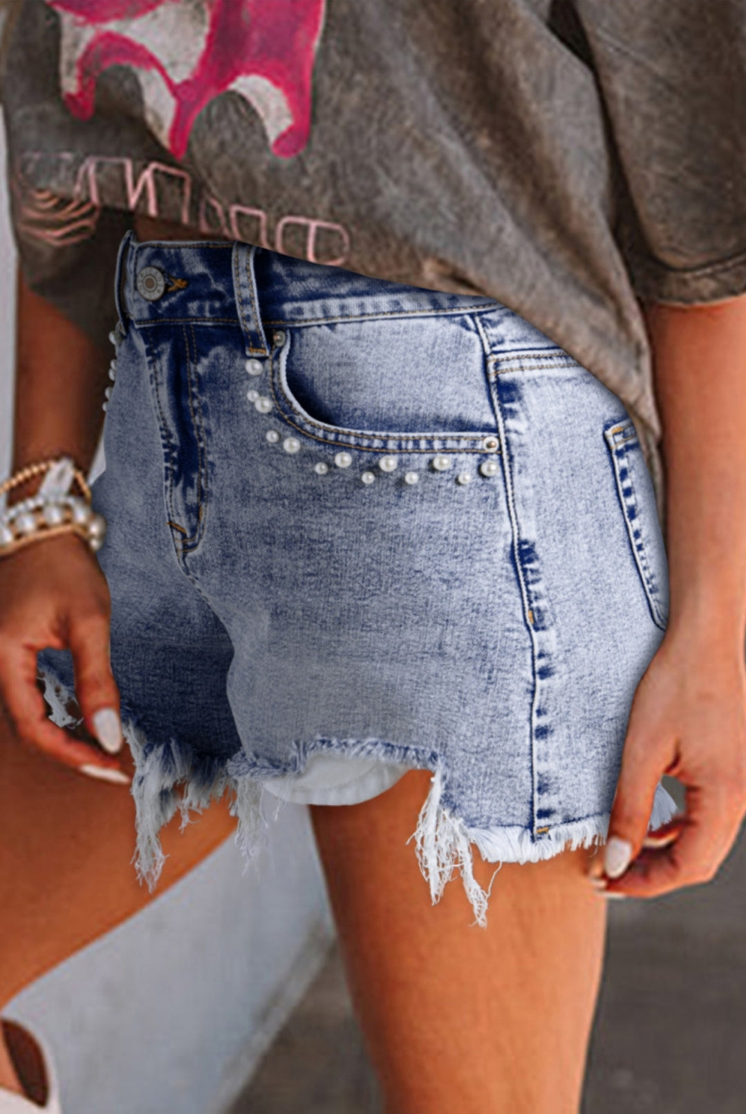Denim Shorts with Pearl Details