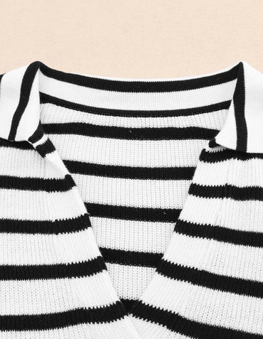 White Black Striped Collared V-neck Sweater