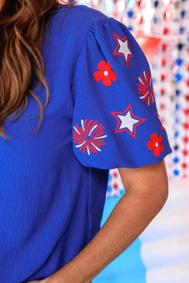 Jess Lea Patriotic Princess Blue Puff Short Sleeve Red White Fireworks Stars Floral