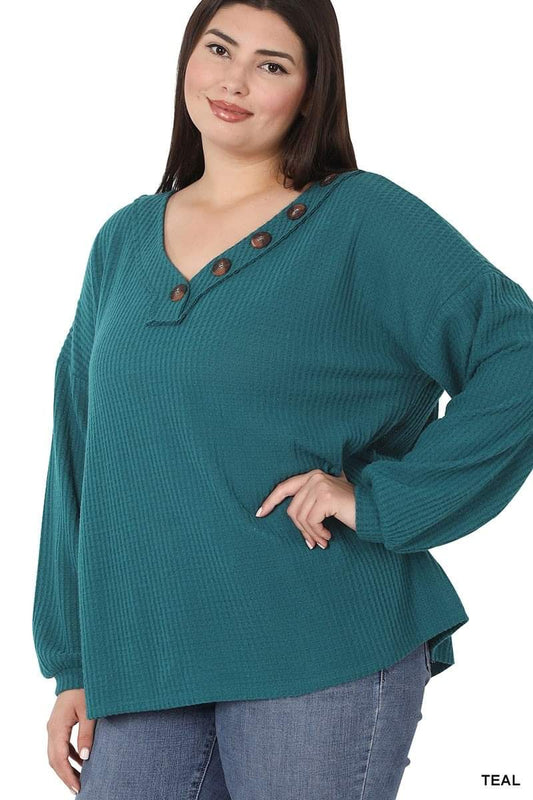 Zenana Waffle V-neck Button Accents Long Sleeve Top