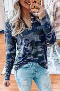 Blue Camo Camouflage V-neck Button Accents Long Sleeve Top