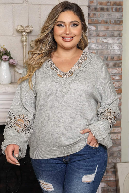 Plus Gray Crochet Trim V-neck Sweater