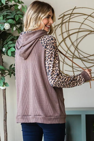 7th Ray Mushroom Cable Knit Hoodie Animal Print Contrast