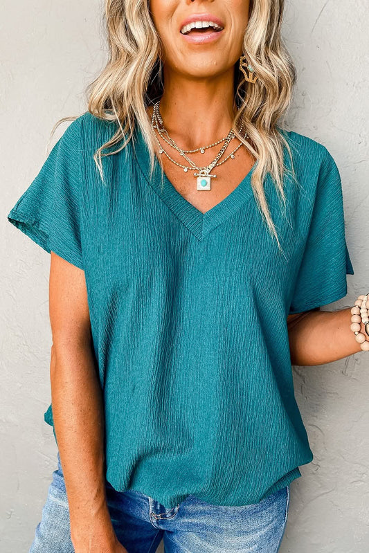 Teal Crinkle Material V-neck Short Top