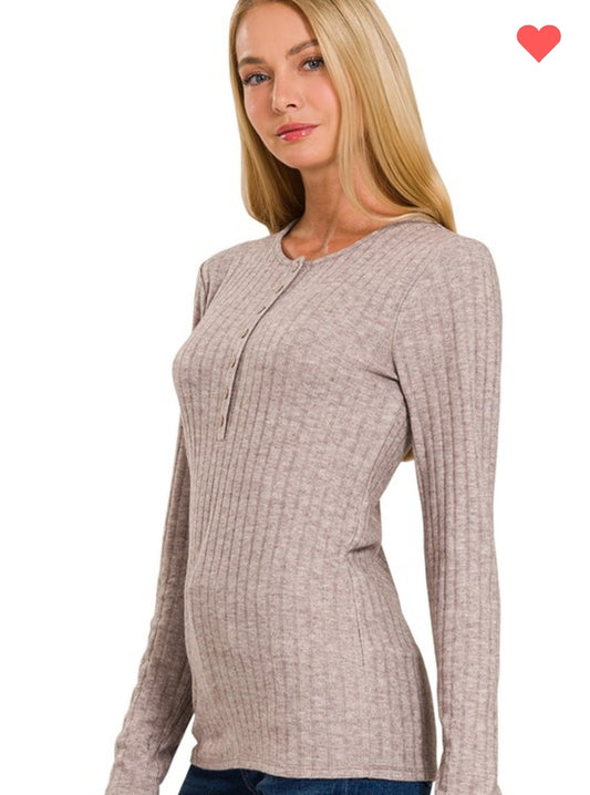 Zenana Ribbed Henley Long Sleeve Top