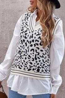 White & Black Leopard V-neck Sweater Vest -Vest Only