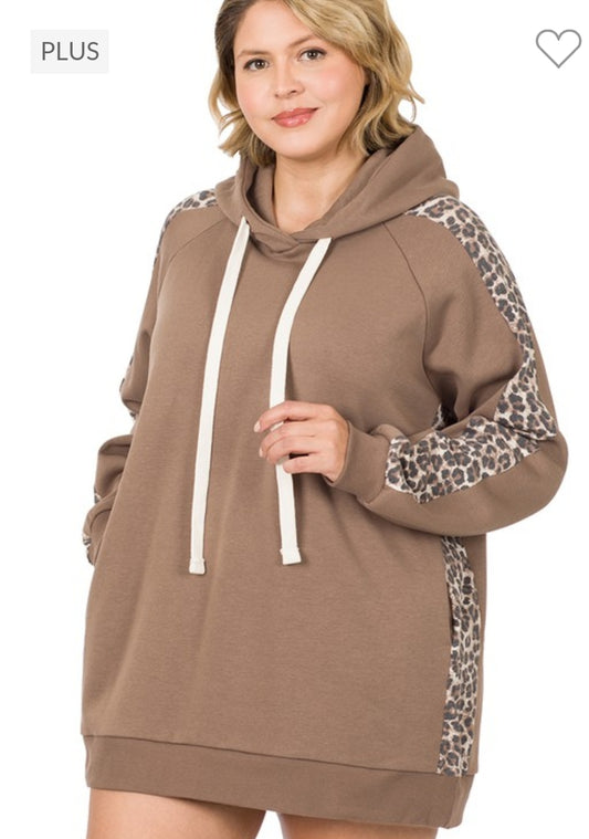 Zenana Solid & Leopard Trim Hooded Sweatshirt