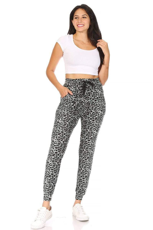 Drawstring Waist Gray Black White Leopard Joggers