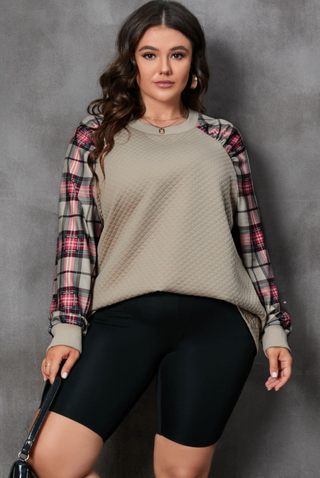 Plus Quilted Khaki Plaid Long Sleeve