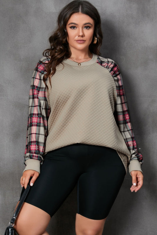 Plus Quilted Khaki Plaid Long Sleeve