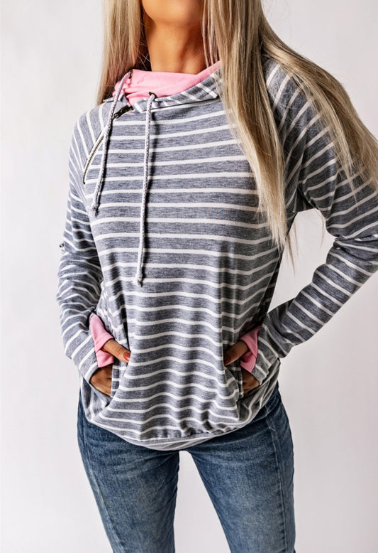 Gray White Pink Double Cowl Long Sleeve