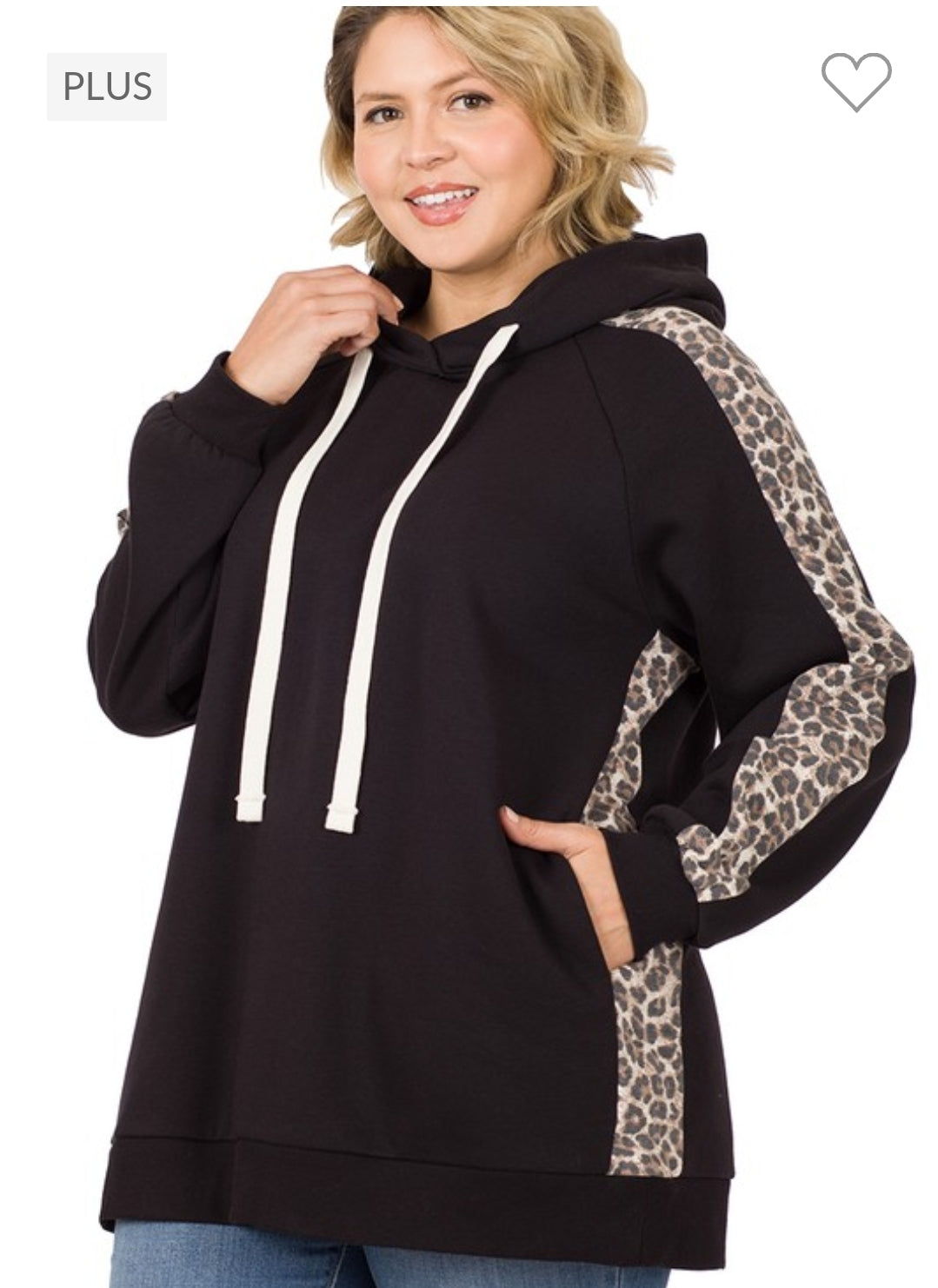 Zenana Solid & Leopard Trim Hooded Sweatshirt