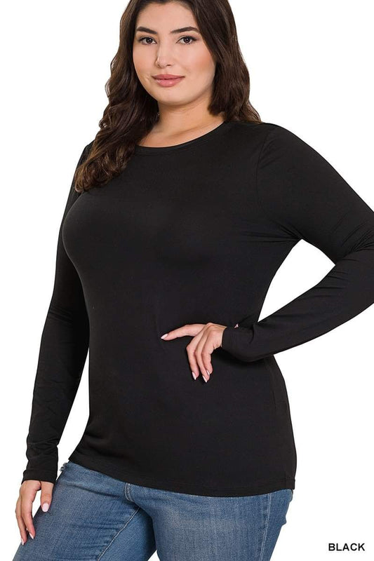 Plus Zenana Black Round Neck Long Sleeve