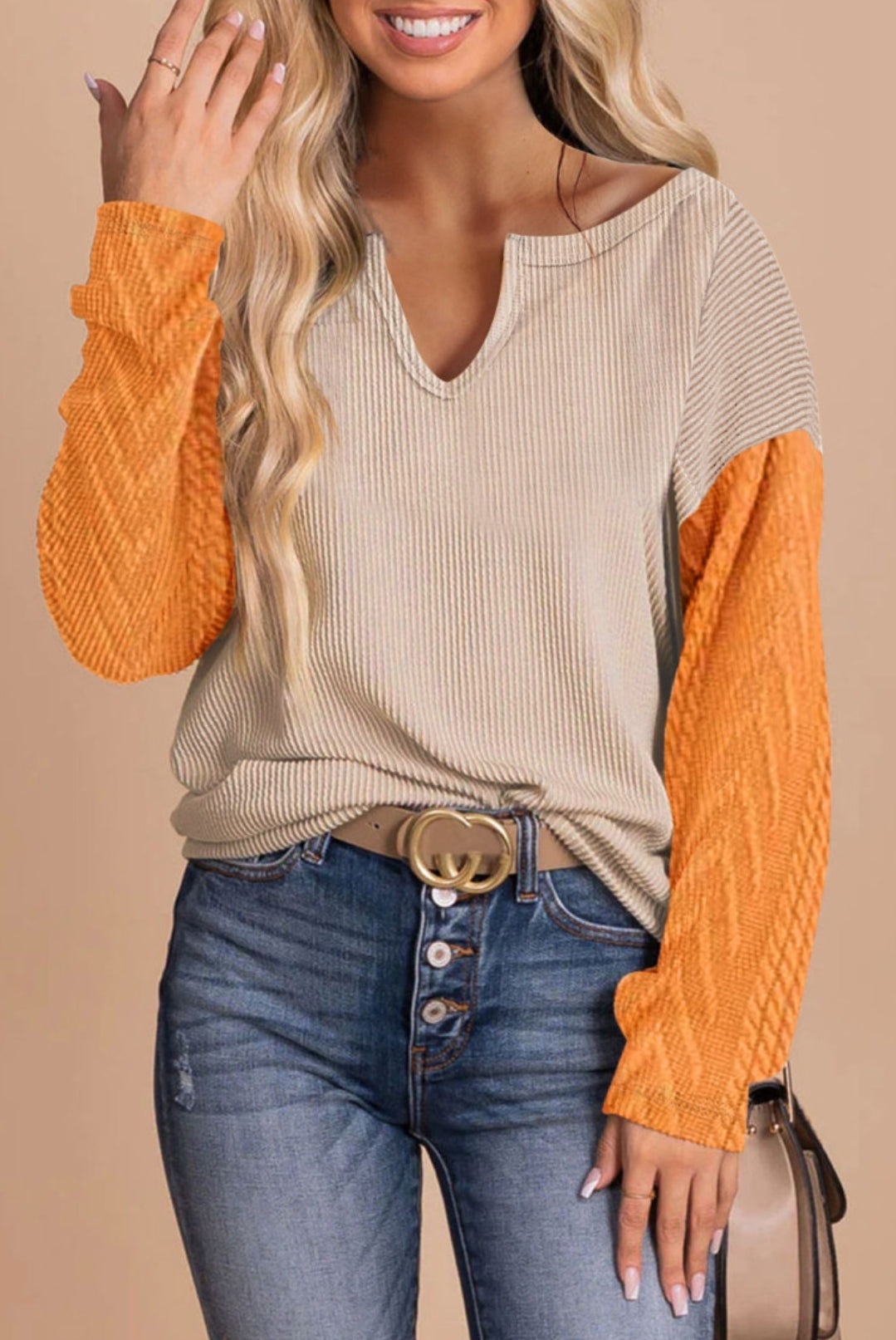 Beige Ribbed with Orange Long Sleeve Top