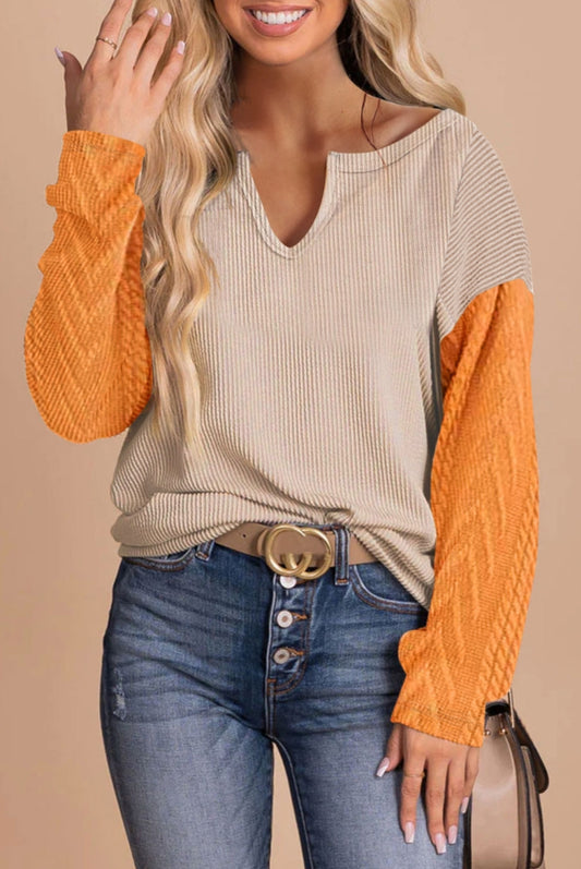 Beige Ribbed with Orange Long Sleeve Top