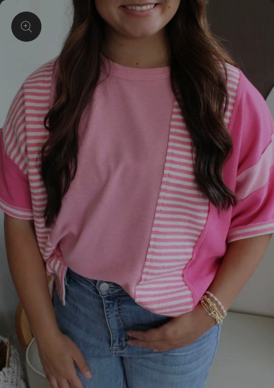 Plus Size Pink Cream Colorblock Striped Short Sleeve Top