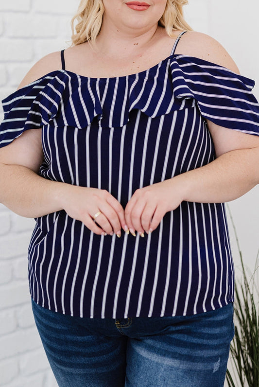 Plus Navy White Stripe Cold Shoulder