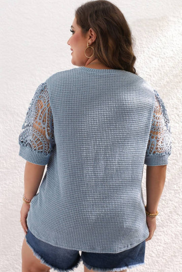 Plus Blue Waffle Crochet Short Sleeve Top