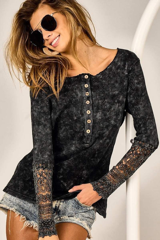Bibi Black Waffle Henley Crochet Trim at Cuff