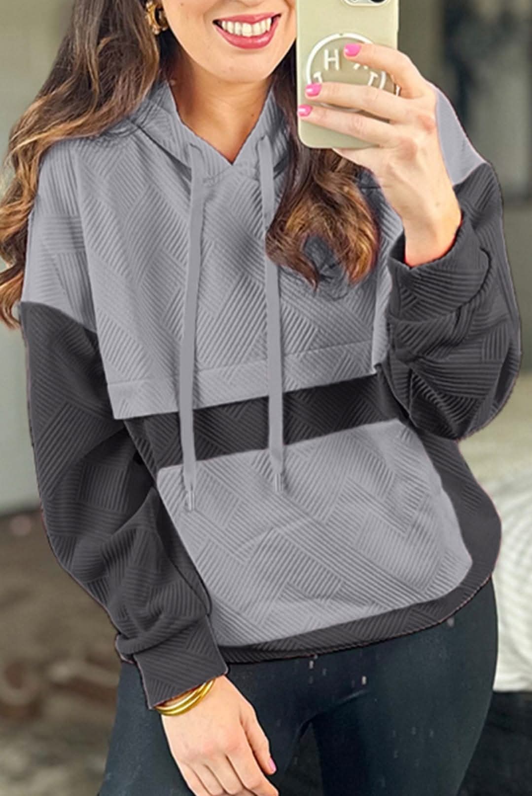 Gray Colorblock Textured Hoodie