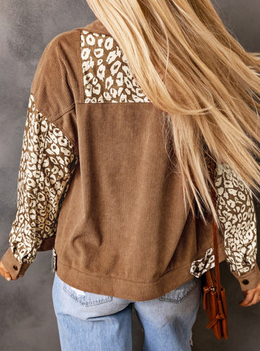Brown Leopard Colorblock Corduroy Jacket