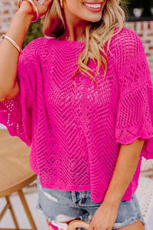 Pink Short Sleeve Open Pullover Scalloped Sweater