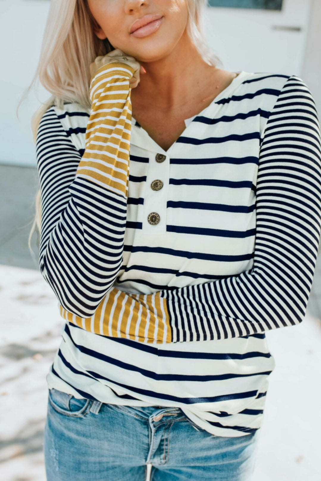 Cream Black Mustard Striped Henley Long Sleeve Top