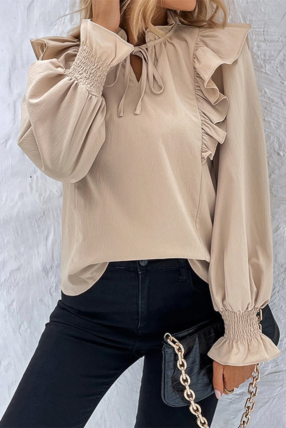 Beige Ruffled Long Sleeve Blouse
