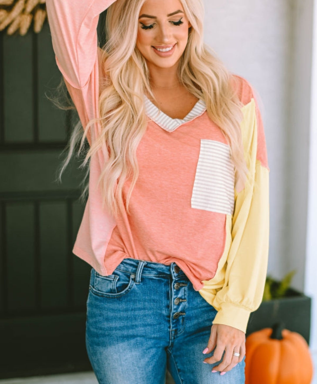 Colorblock V-neck Long Sleeve Top with Pocket