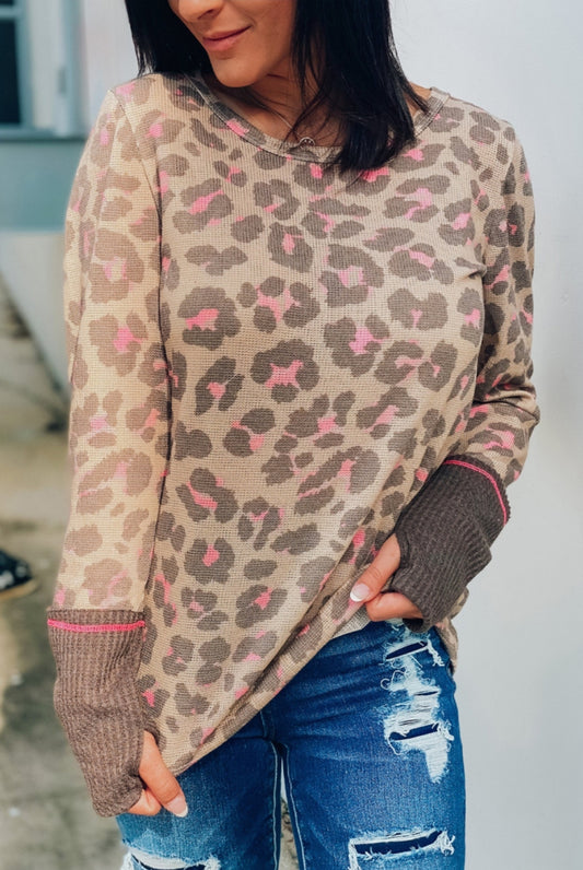 Brown Pink Leopard Waffle Long Sleeve Top