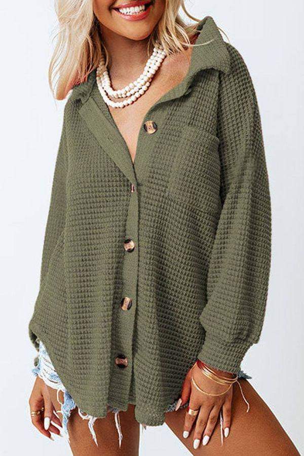 Lightweight Olive Waffle Button Down Shacket