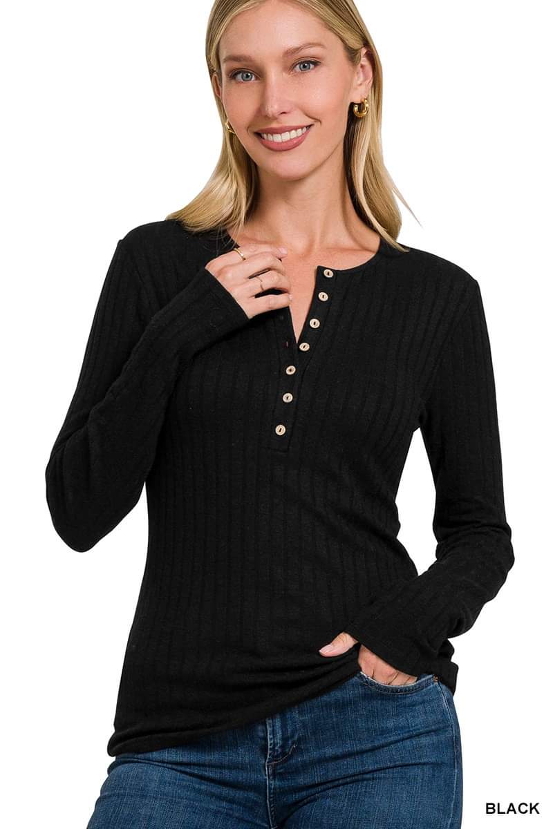 Zenana Ribbed Henley Long Sleeve Top