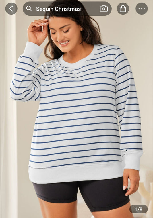 Plus White Blue Striped Crew Neck Long Sleeve Top